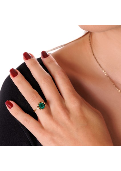 Kaz Ayağı Yeşil Bakır El Yapımı Kristal Taşlı Kararma Yapmaz Kadın Yüzük Kutulu