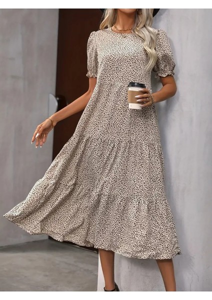 Kadın Mini Leopar Desen Midi Üç Kat Elbise S-M-Bej