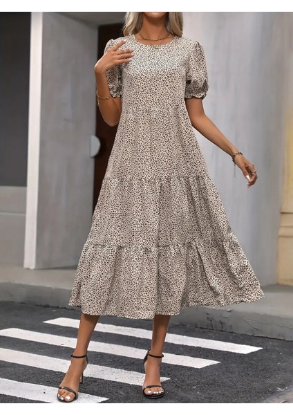 Kadın Mini Leopar Desen Midi Üç Kat Elbise S-M-Bej fiyatları