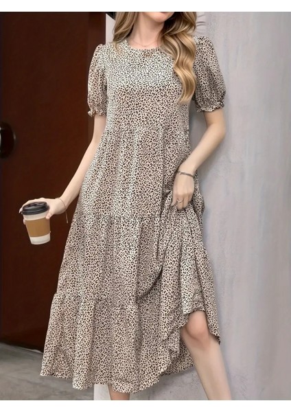 Kadın Mini Leopar Desen Midi Üç Kat Elbise S-M-Bej modelleri