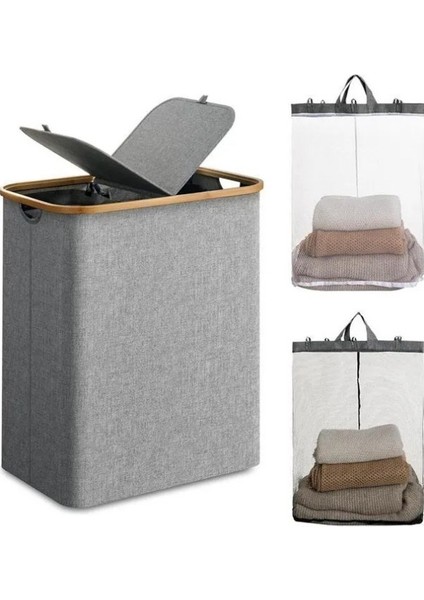 150 Lt Katlanır Kumaş Bambu Çamaşır Sepeti 2 Bölmeli Içi Fileli Kirli Çamaşır Sepeti