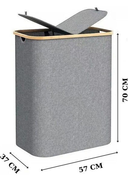 150 Lt Katlanır Kumaş Bambu Çamaşır Sepeti 2 Bölmeli Içi Fileli Kirli Çamaşır Sepeti