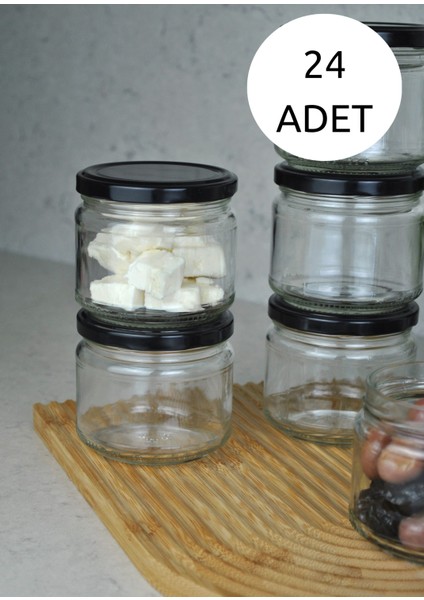 24 Adet 300 ml Metal Siyah Kapaklı Konserve Şeffaf Cam Magnolya Kavanoz Magnolia Tatlı