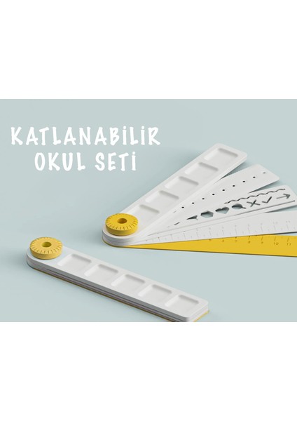 Katlanır 3D Baskı Okul Seti 5’i 1 Arada – Kağıt Kesici, Cetvel, Şablon, Kalem Tutucu, Palet