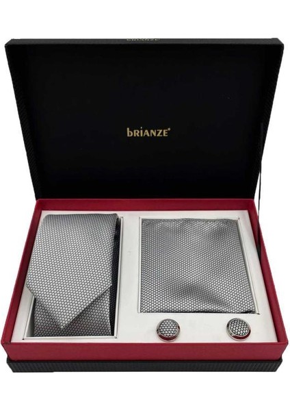 Gri Kravat Mendil ve Kol Düğmesi Kutulu Set