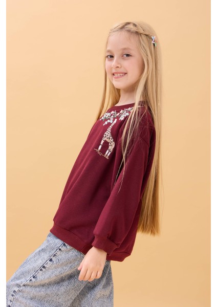 Kız Çocuk Zürafa Nakışlı Mevsimlik Oversize Sweatshirt – Bordo fiyatları