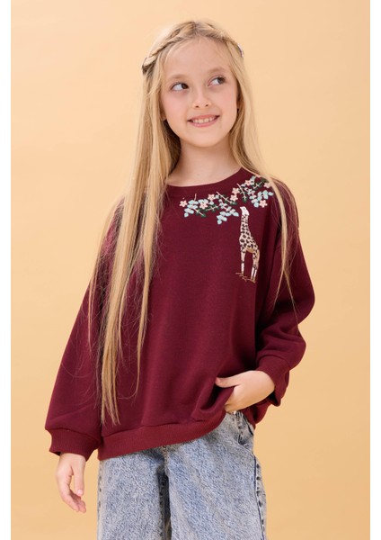 Kız Çocuk Zürafa Nakışlı Mevsimlik Oversize Sweatshirt – Bordo indirimleri
