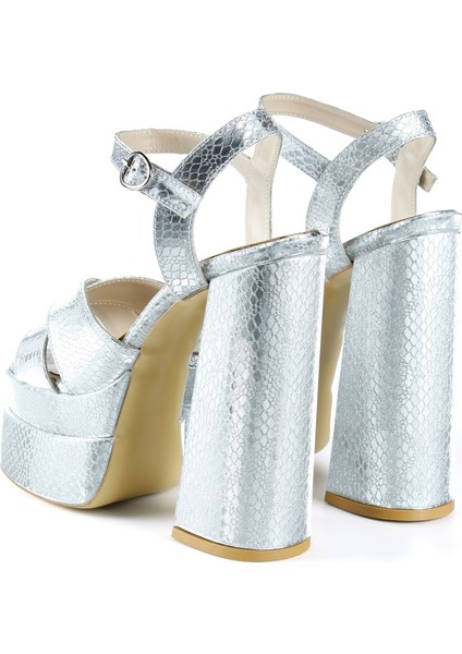Whitney Lame Croco Önü Arkası Açık Çift Platformlu Bantlı Kalın Topuklu Abiye Ayakkabı fırsatları