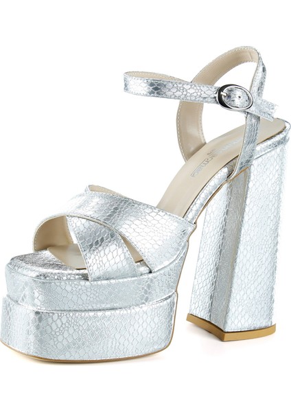 Whitney Lame Croco Önü Arkası Açık Çift Platformlu Bantlı Kalın Topuklu Abiye Ayakkabı