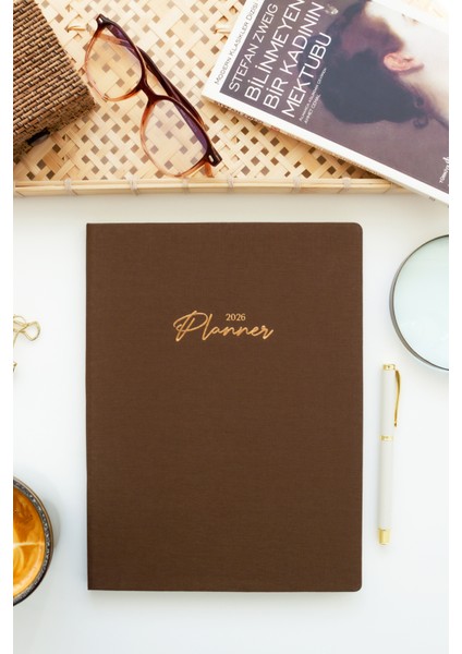 2026 Yılı 20X27 cm Keten Haftalık Planlayıcı Ajanda Kahverengi