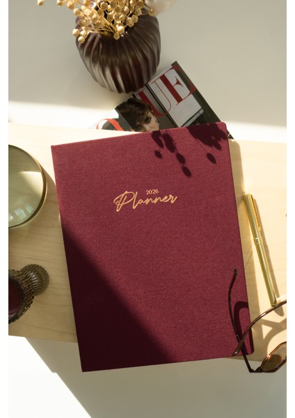 2026 Yılı 20X27 cm Keten Haftalık Planlayıcı Ajanda Bordo