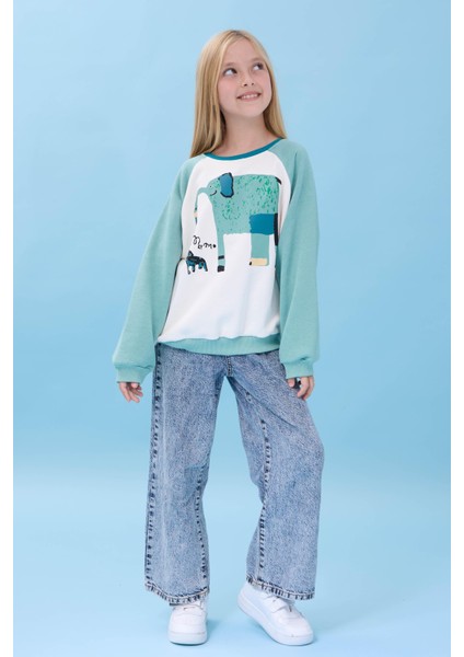 Kız Çocuk Fil Baskılı Bisiklet Yaka Oversize Mevsimlik sweatshirt - Ekru/çağla