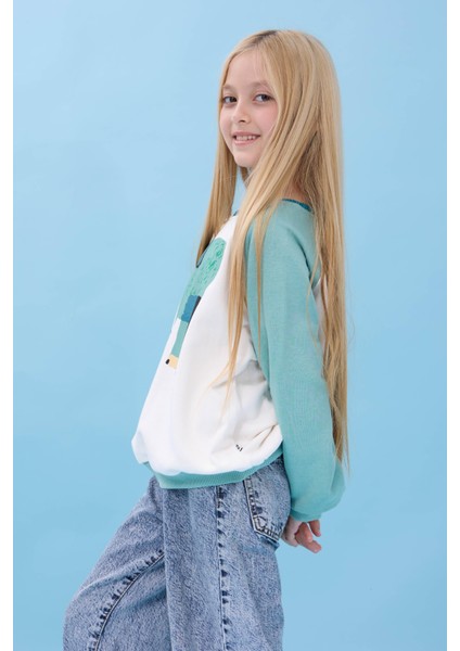 Kız Çocuk Fil Baskılı Bisiklet Yaka Oversize Mevsimlik sweatshirt - Ekru/çağla fiyatları