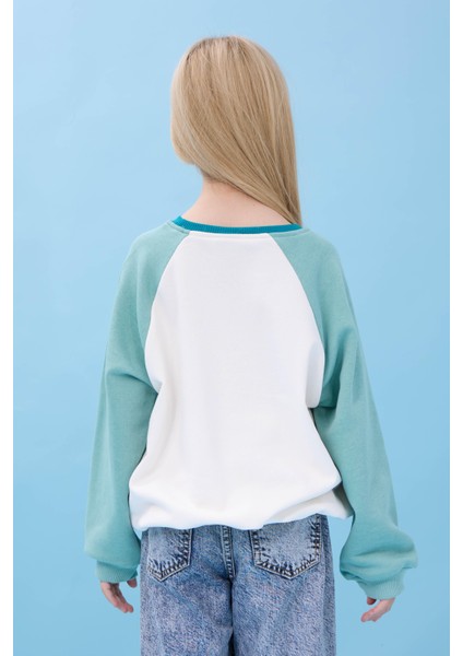 Kız Çocuk Fil Baskılı Bisiklet Yaka Oversize Mevsimlik sweatshirt - Ekru/çağla modelleri