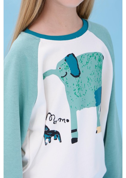 Kız Çocuk Fil Baskılı Bisiklet Yaka Oversize Mevsimlik sweatshirt - Ekru/çağla fırsatları