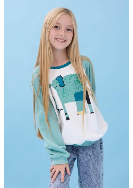 Kız Çocuk Fil Baskılı Bisiklet Yaka Oversize Mevsimlik sweatshirt - Ekru/çağla indirimleri