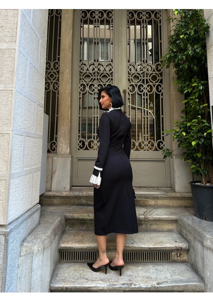 Yakası Düğmeli Fırfırlı Midi Kalem Elbise fırsatları