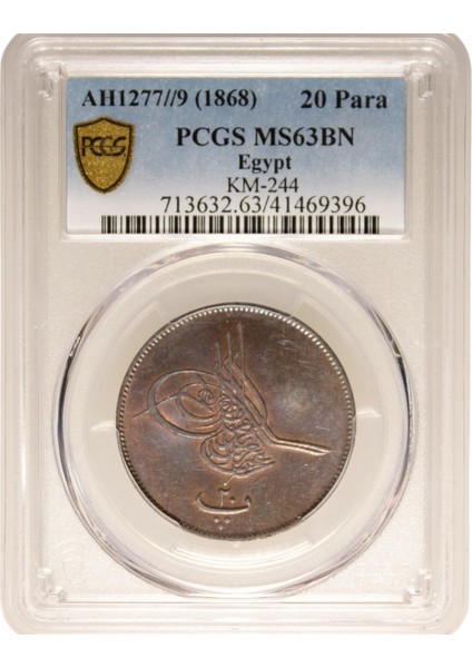 Sultan Abdülaziz 1277/9 Mısır Bakır 20 Para - Pcgs MS63 Bn - Çil