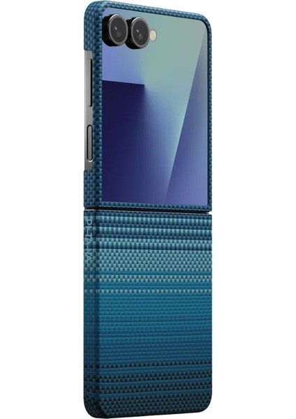 Galaxy Z Flip 7 Uyumlu Kılıf M-Safe Şarjlı Aramid Pitaka Tactile Woven Serisi Kapak Mavi