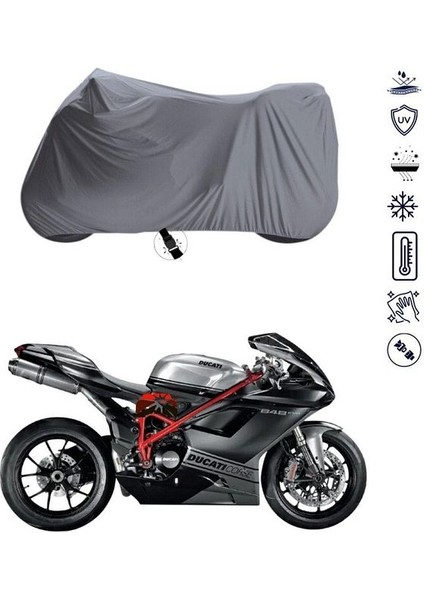 | Ducati 848 Evo Bağlantı Tokalı Uyumlu Solarblock Prime Uyumlu Motosiklet Brandası | Su Geçirmez, %99 UV, Yansıtıcı Gümüş Üst, 360° Lastikli, Taşıma Çantalı