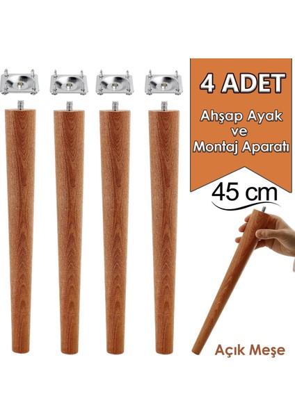 4 Adet Ahşap Ayak 45 cm Açık Meşe M8 Civatalı Bağlantı Aparatlı Mobilya Tabure Sehpa Masa Destek Ayağı