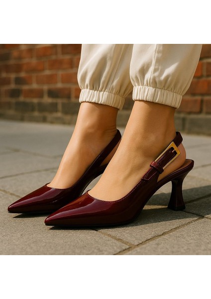 Kadın Topuklu Tokalı Rugan Stiletto Ayakkabı Bordo