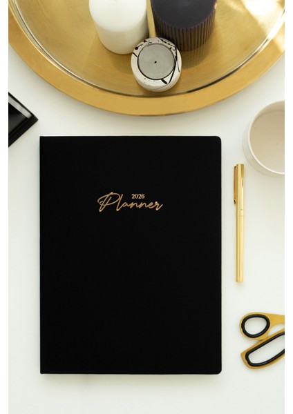 2026 Yılı 20X27 cm Keten Haftalık Planlayıcı Ajanda Siyah