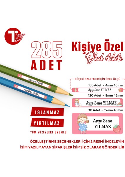 Sevimli Kız Kişiye Özel 285 Adet Okul Etiketi