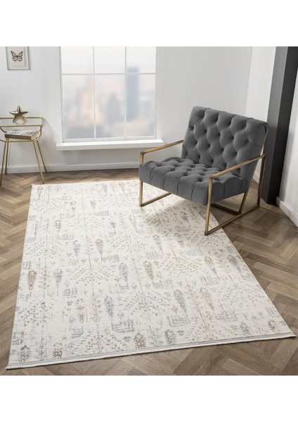 Armony AR012A Beyaz Halı Modern Desenli Akrilik Pamuk Taban Tozu Az Salon Halısı Yatak Odası Koridor