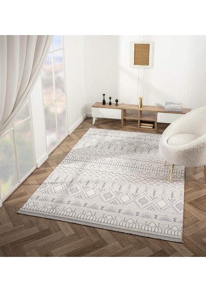 Feel FL007A Krem Halı Etnik Desen Akrilik Tozu Az Pamuk Taban Salon Halısı Yatak Odası Koridor