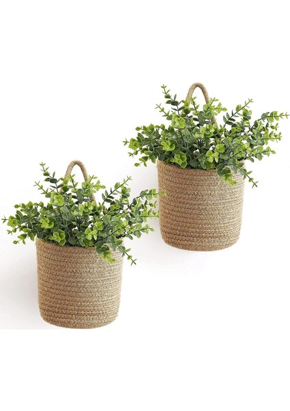 Dekoratif Ikili Jüt Saplı Hasır Sepet Duvar Saksı 20CM x 20CM, Jüt Bej Saksılık, Dekoratif Havluluk