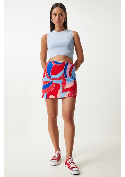 Desenli Mini Örme Etek LFN0104 Kırmızı Mavi