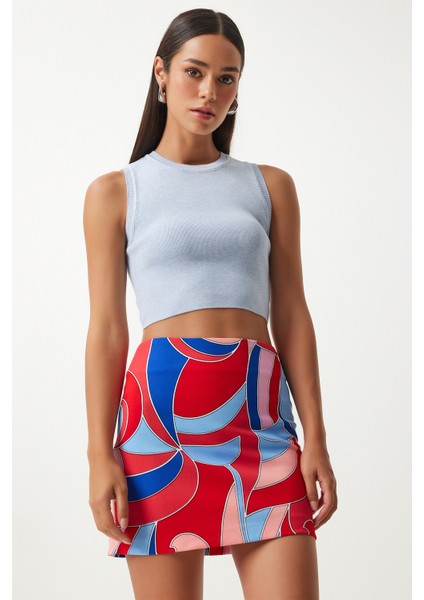 Desenli Mini Örme Etek LFN0104 Kırmızı Mavi modelleri