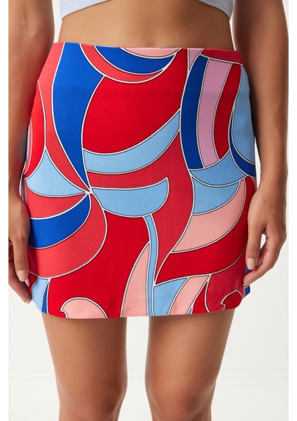 Desenli Mini Örme Etek LFN0104 Kırmızı Mavi fırsatları