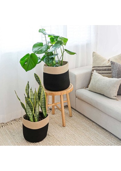 Ikili Dekoratif Jüt Saplı Hasır Sepet Saksı 30 cm ve 25 cm , Dekoratif Saksı ve Havluluk
