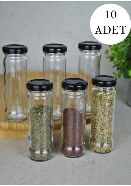 10 Adet 105 ml Metal Siyah Kapaklı 105 cc Şeffaf Uzun Cam Kavanoz Baharatlık Beslenme Şişe