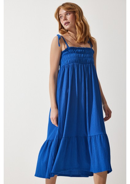 Askılı Krinkıl Yazlık Örme Elbise LUB0215 Mavi