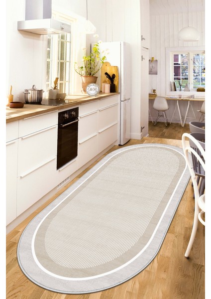 Makinede Yıkanabilir Kaymaz Taban Leke Tutmaz Bej Oval Salon Halısı Mutfak Halısı ve Yolluk
