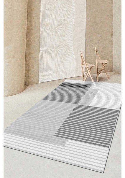 Makinede Yıkanabilir Kaymaz Taban Leke Tutmaz Gri Çizgili Salon Halısı Mutfak Halısı ve Yolluk