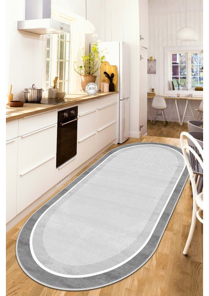 Makinede Yıkanabilir Kaymaz Taban Leke Tutmaz Gri Oval Salon Halısı Mutfak Halısı ve Yolluk