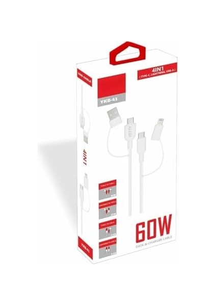Yetty 60W 4in1 Type-C,lightning,usb-A Data ve Hızlı Şarj Kablosu 1.2m Beyaz YKB-41B (Yerli Üretim) modelleri