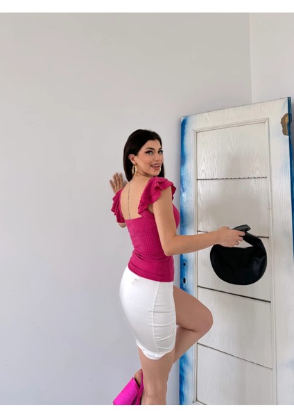 Kruvaze Yaka Omuzu Volanlı Kadın Bluz Fuşya indirimleri