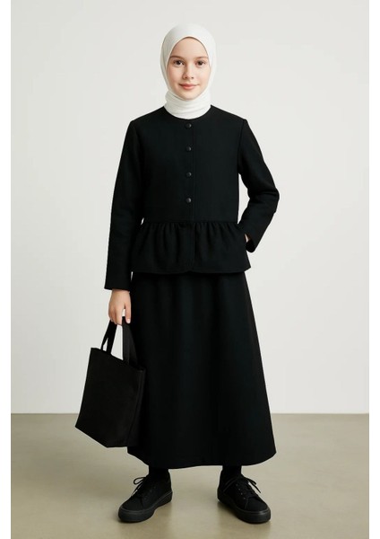 Kız Çocuk Siyah Peplum Ceket ve Etek Takımı