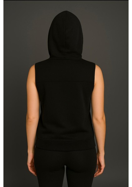 Kadın Siyah Fermuarlı Kapüşonlu Kanguru Cepli Kolsuz YELEK-Y1142-K1 modelleri