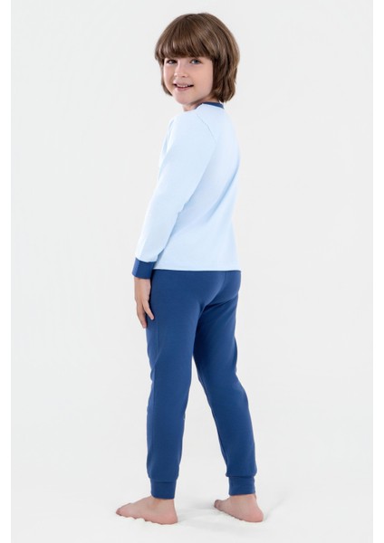 Erkek Çocuk Pamuklu Bisiklet Yaka Kaplan Baskılı Uzun Kollu Pijama Takımı 9620-1 Mavi fiyatları