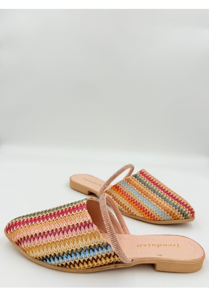 Kadın Çok Renkli Örgü Mule – Slingback Düz Taban Terlik Bej modelleri