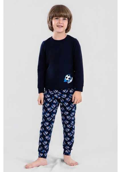 Erkek Çocuk Pamuklu Bisiklet Yaka Futbol Topu Baskılı Uzun Kollu Pijama Takımı 9622-1 Mavi modelleri