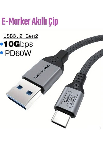 1-Metre PD 60W Usb To Type-C 3.2/Gen2/10Gbps E-Marker Akıllı Çip Ce Lisanslı Şarj ve Data Video Kablosu Hasır Örgülü Sağlam Kablo Orjinal modelleri