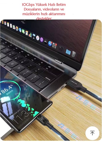 1-Metre PD 60W Usb To Type-C 3.2/Gen2/10Gbps E-Marker Akıllı Çip Ce Lisanslı Şarj ve Data Video Kablosu Hasır Örgülü Sağlam Kablo Orjinal