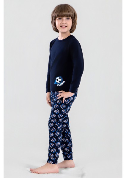Erkek Çocuk Pamuklu Bisiklet Yaka Futbol Topu Baskılı Uzun Kollu Pijama Takımı 9622-1 Mavi indirimleri